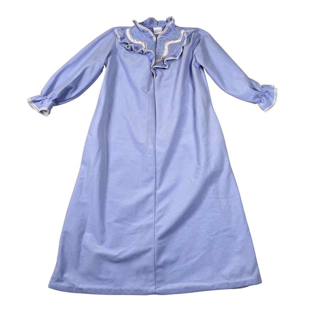 Quiet Moments Vintage 80s Blue Floral Embroidered Lace Trim Nightgown Medium USA
